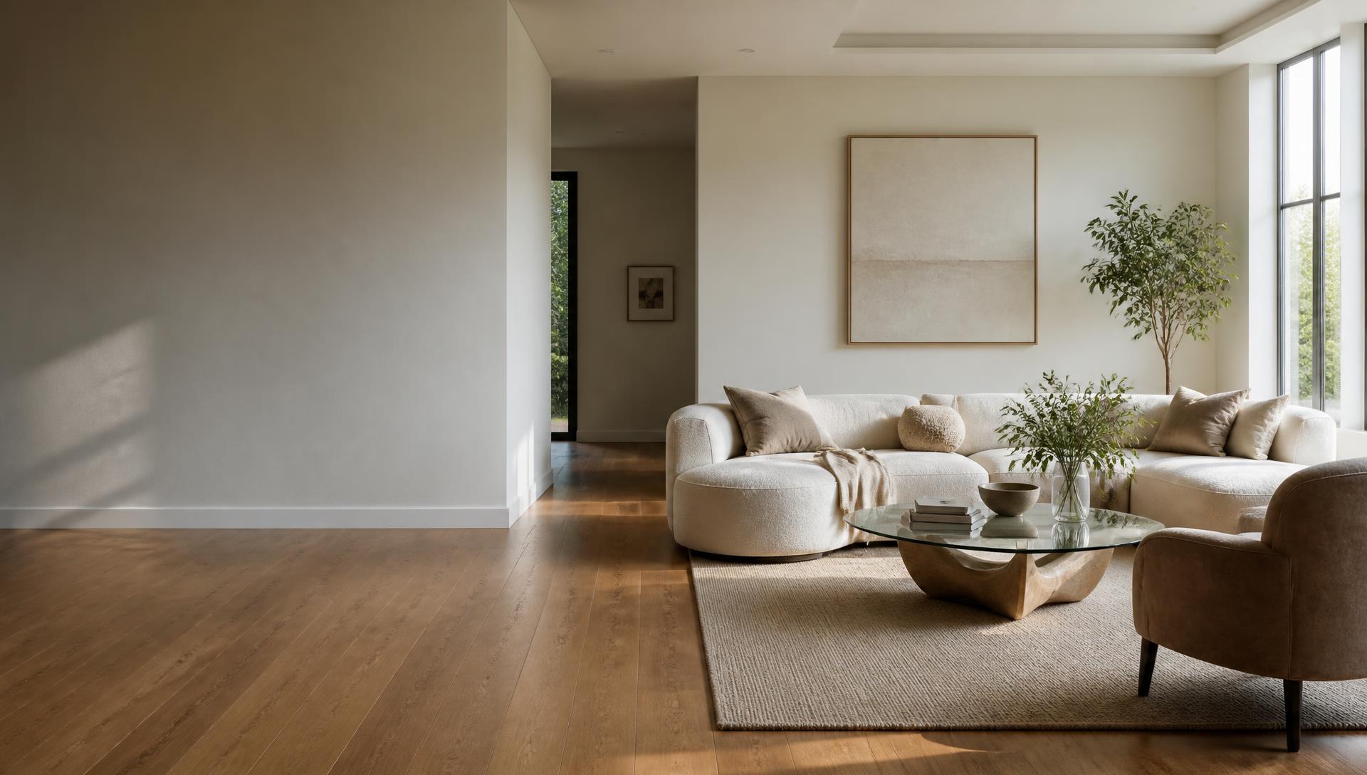 Sunlit modern living room with spotless oak floors and clean surfaces after a professional cleaning