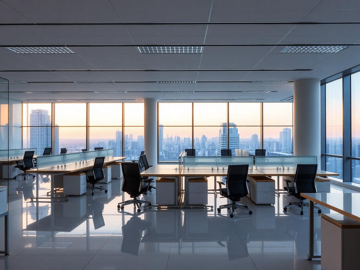 Pristine open-plan office with reflective floors at dusk